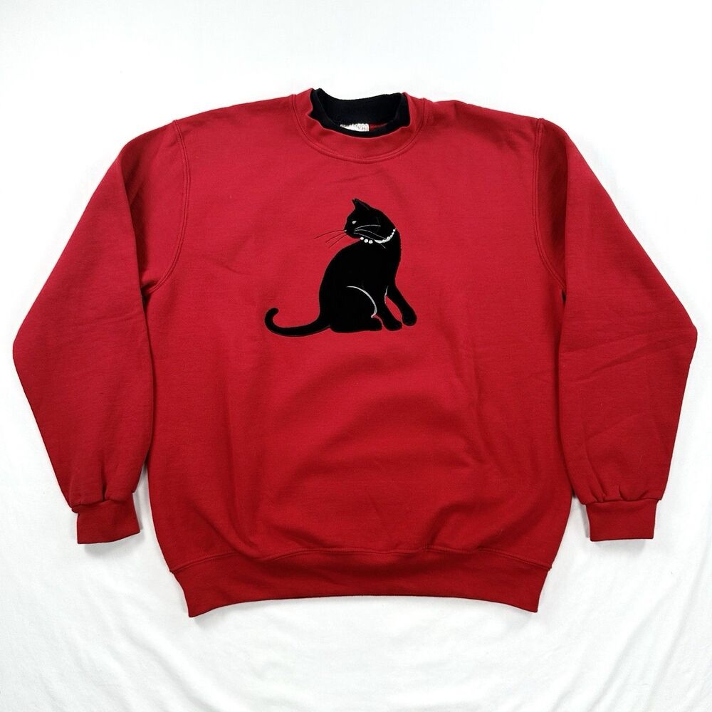 Top Stitch By Morning Sun Cat Sweatshirt Large Red Velvet Double Collar Grandma